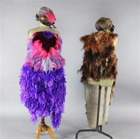 The Magic Flute: Papagenas pink, lilac and purple bodice with matching feather skirt and feathered bird headdress,